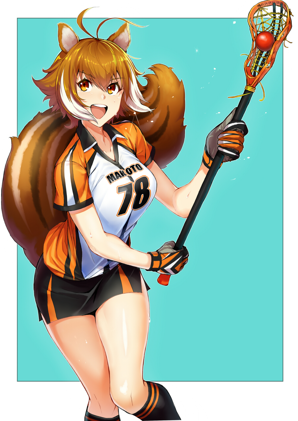 &gt;:d 1girl :d animal_ears antenna_hair bangs blazblue blush breasts brown_hair cowboy_shot gloves highres lacrosse lacrosse_ball lacrosse_stick large_breasts looking_at_viewer makoto_nanaya miniskirt multicolored_hair open_mouth orange_eyes purinnssu short_hair short_sleeves skirt smile solo squirrel_ears squirrel_tail tail two-tone_hair white_hair