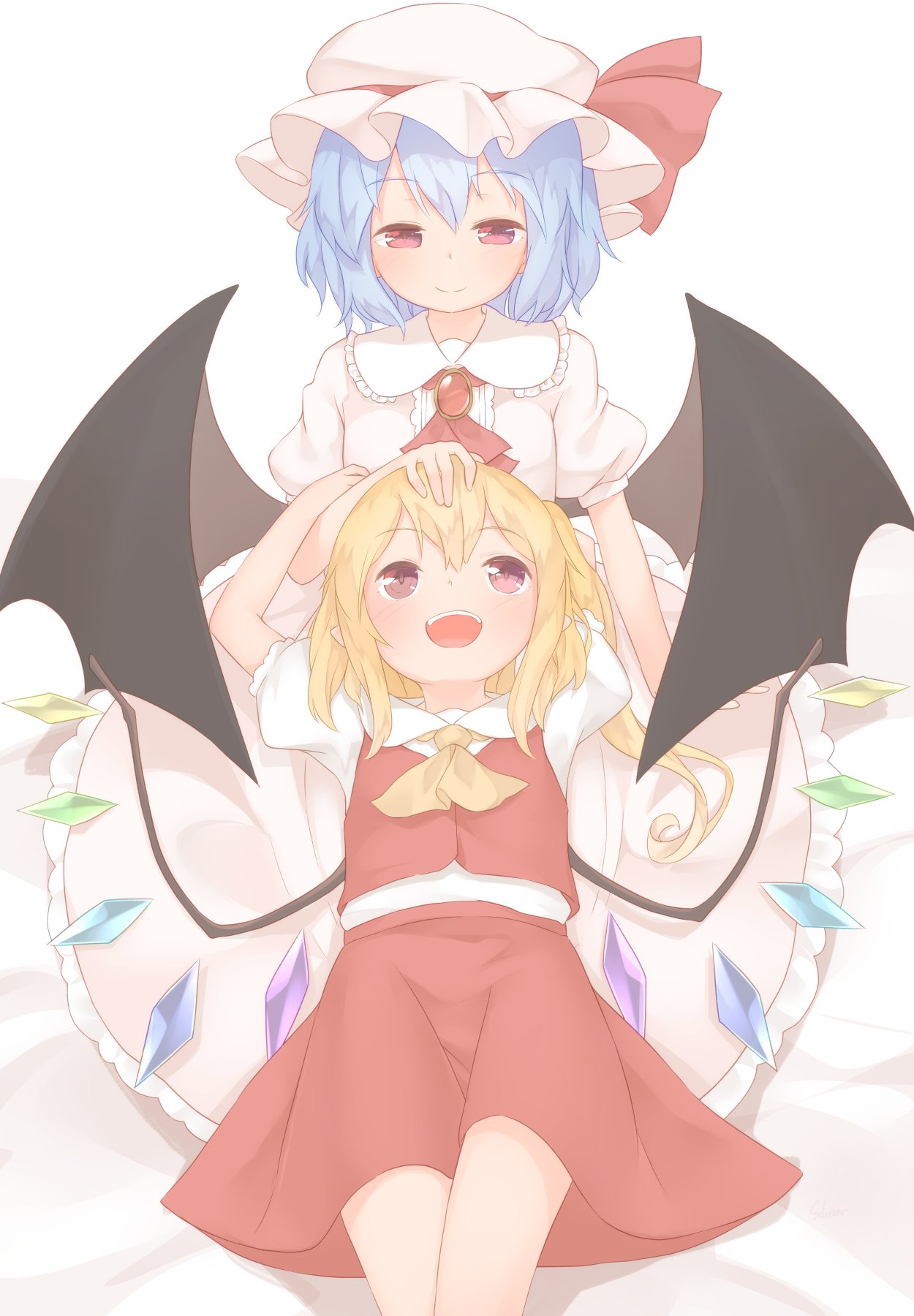 2girls ascot bat_wings blonde_hair blue_hair brooch closed_mouth commentary_request flandre_scarlet half-closed_eyes hand_on_another's_head hat hat_ribbon highres jewelry lap_pillow lying mob_cap multiple_girls on_back open_mouth red_eyes red_ribbon red_skirt remilia_scarlet ribbon sakurea siblings simple_background sisters sitting skirt skirt_set smile touhou vest white_background white_hat wings