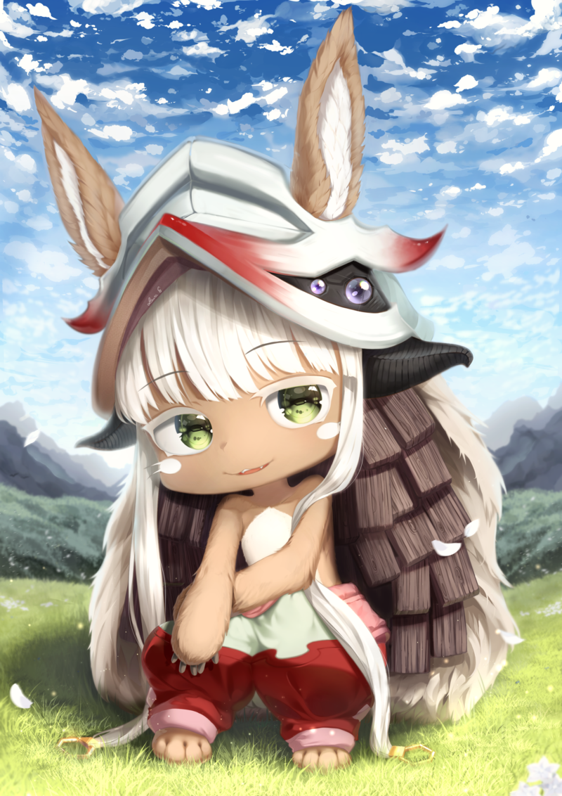 1girl animal_ears bangs barefoot blue_sky blunt_bangs chibi clouds cloudy_sky commentary day ears_through_headwear eyebrows_visible_through_hair field furry green_eyes hat horns long_hair looking_at_viewer made_in_abyss nanachi_(made_in_abyss) outdoors pants parted_lips sasoura sky smile solo topless whiskers white_hair