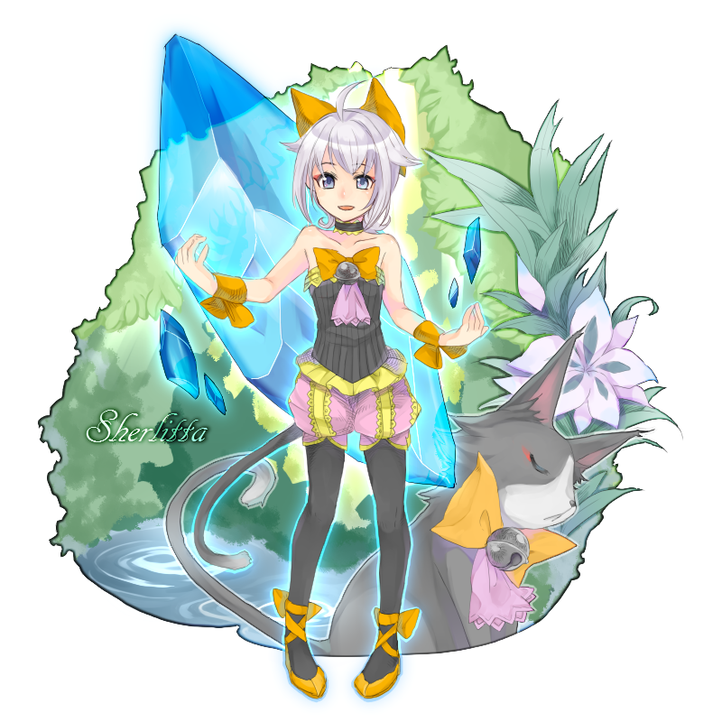 1girl :d ahoge animal ascot bangs bare_shoulders bell black_legwear black_neckwear black_shirt blue_eyes bow cat cat_tail character_name choker closed_eyes collarbone commentary_request cross-laced_footwear crystal eyebrows_visible_through_hair final_fantasy_crystal_chronicles:_echoes_of_time flat_chest flower frills full_body hair_bow jingle_bell looking_at_viewer open_mouth orange_bow orange_footwear pantyhose pink_neckwear pink_shorts plant ripples sherlotta sherlotta_(cat) shirt shoes short_hair shorts silver_hair sleeveless sleeveless_shirt smile standing strapless tail tubetop typo water wrist_wraps yu-ri