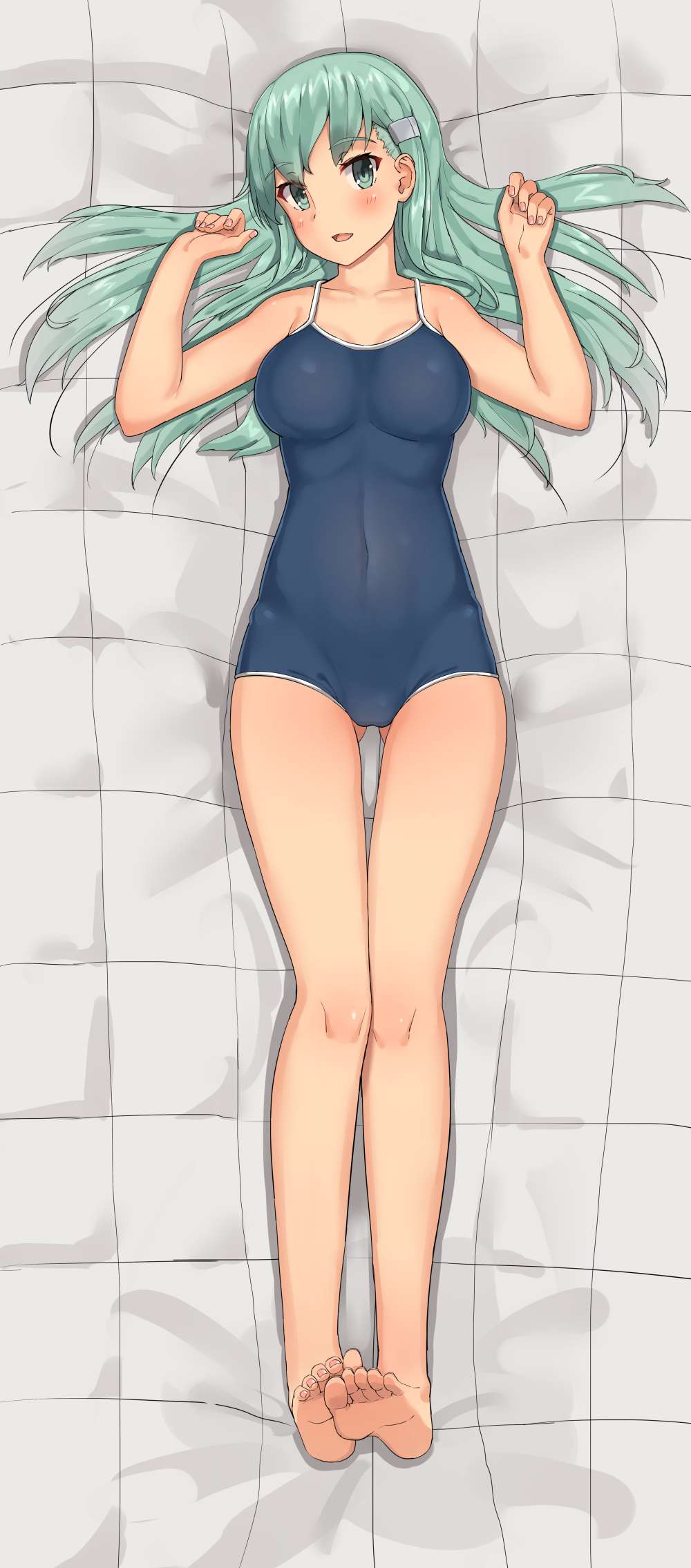 1girl :d aqua_eyes aqua_hair bangs bare_arms bare_legs bare_shoulders barefoot bed_sheet blue_swimsuit blush breasts closed_eyes collarbone competition_school_swimsuit covered_navel dakimakura eyebrows_visible_through_hair feet feet_together from_above full_body gluteal_fold hair_ornament hairclip head_tilt highres kantai_collection long_hair looking_at_viewer medium_breasts nail_polish one-piece_swimsuit open_mouth pink_nails revision smile soil_chopsticks soles solo suzuya_(kantai_collection) swimsuit toenail_polish toes w_arms