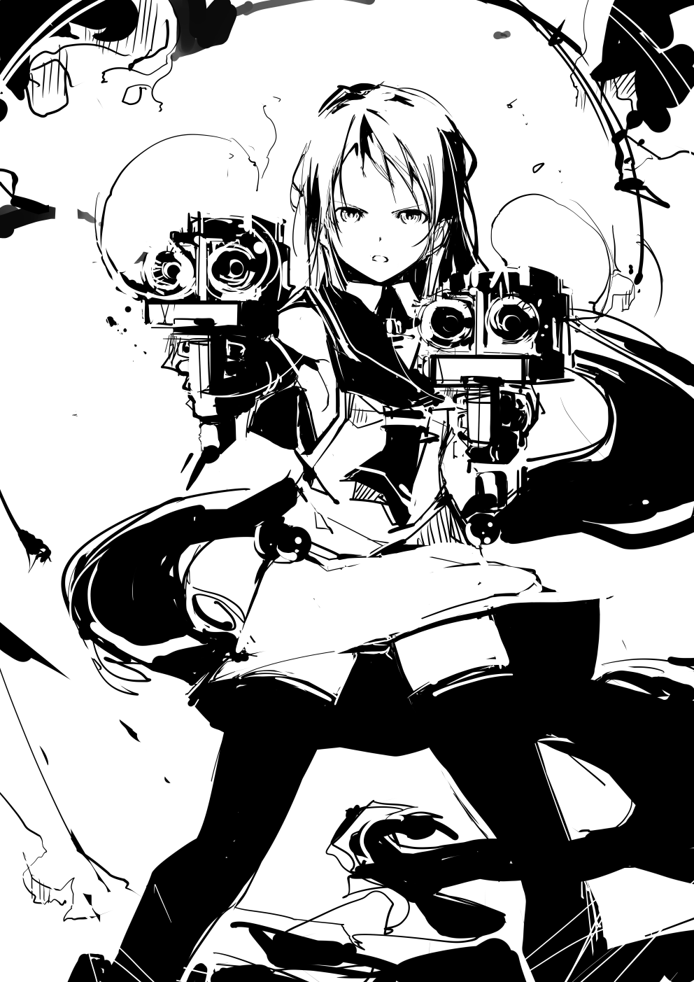 1girl absurdly_long_hair action armpit_peek bangs black_gloves black_legwear cannon commentary cowboy_shot elbow_gloves gloves greyscale half-closed_eyes highres holding holding_weapon kantai_collection long_hair looking_at_viewer monochrome neckerchief open_mouth outstretched_arms rudder_shoes sailor samidare_(kantai_collection) school_uniform serafuku sidelocks sketch skirt sleeveless smile smoke smoke_trail solo standing thigh-highs turret very_long_hair weapon wind yototeitoku zettai_ryouiki