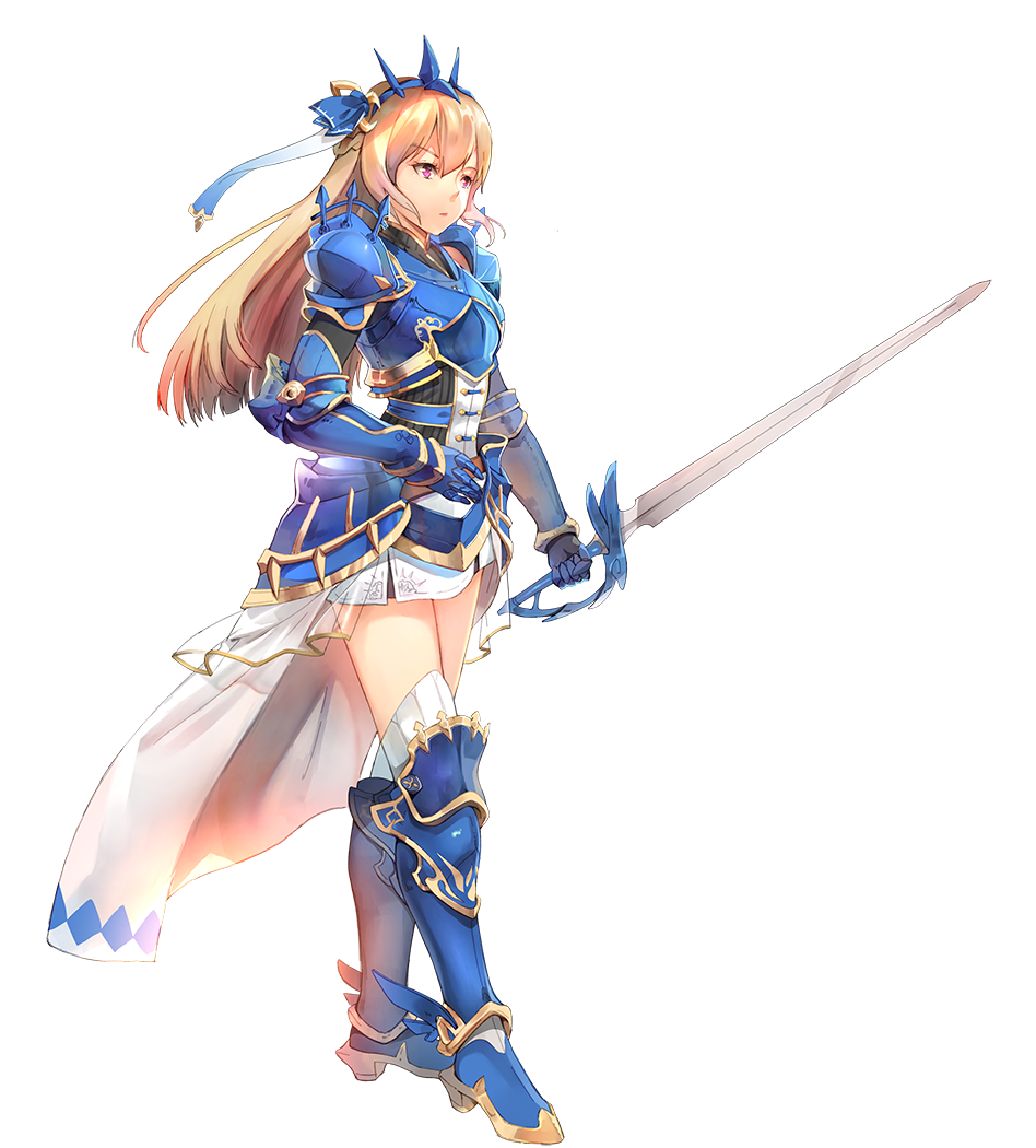 1girl armor bangs blonde_hair boots breastplate closed_mouth eyebrows_visible_through_hair faulds full_body gauntlets greaves hair_ornament hairband high_heel_boots high_heels holding holding_sword holding_weapon kamisakai knight long_hair solo spaulders spiked_hairband standing sword thigh-highs transparent_background violet_eyes walking weapon white_legwear zettai_ryouiki