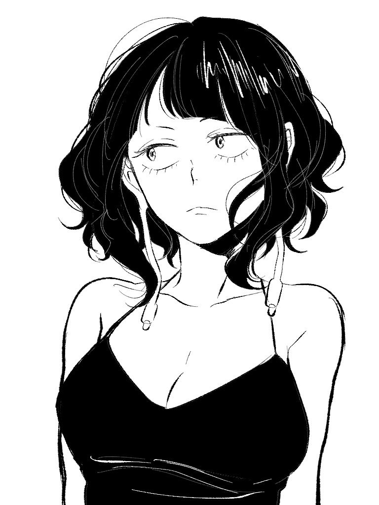 1girl bangs bare_arms bare_shoulders blunt_bangs boku_no_hero_academia breasts cleavage closed_mouth dress greyscale jirou_kyouka kokozume looking_away medium_breasts monochrome sanpaku simple_background solo upper_body white_background