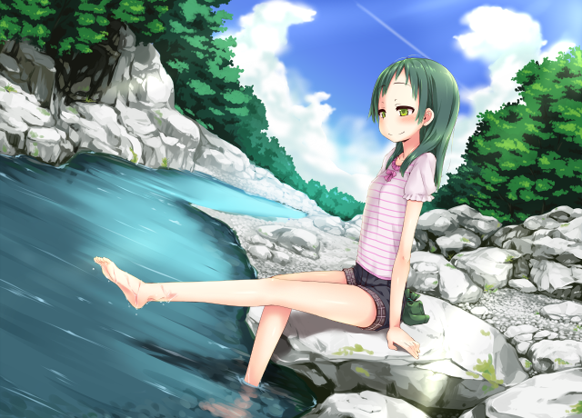 1girl arm_support bangs barefoot black_shorts blue_sky blush closed_mouth clouds commentary_request day dutch_angle esoragoto eyebrows_visible_through_hair green_eyes green_hair long_hair looking_away minobiyo outdoors pink_shirt puffy_short_sleeves puffy_sleeves shirt short_shorts short_sleeves shorts sitting sky smile soaking_feet solo stream striped striped_shirt tree water wet