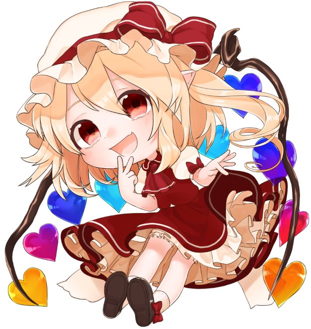 1girl ascot blonde_hair bow brown_footwear chibi commentary_request flandre_scarlet gotoh510 hair_between_eyes hat hat_bow heart long_hair looking_at_viewer miniskirt mob_cap one_side_up petticoat pointy_ears puffy_short_sleeves puffy_sleeves red_eyes red_skirt shoes short_sleeves simple_background skirt skirt_set smile socks solo touhou vest white_background white_hat white_legwear wings