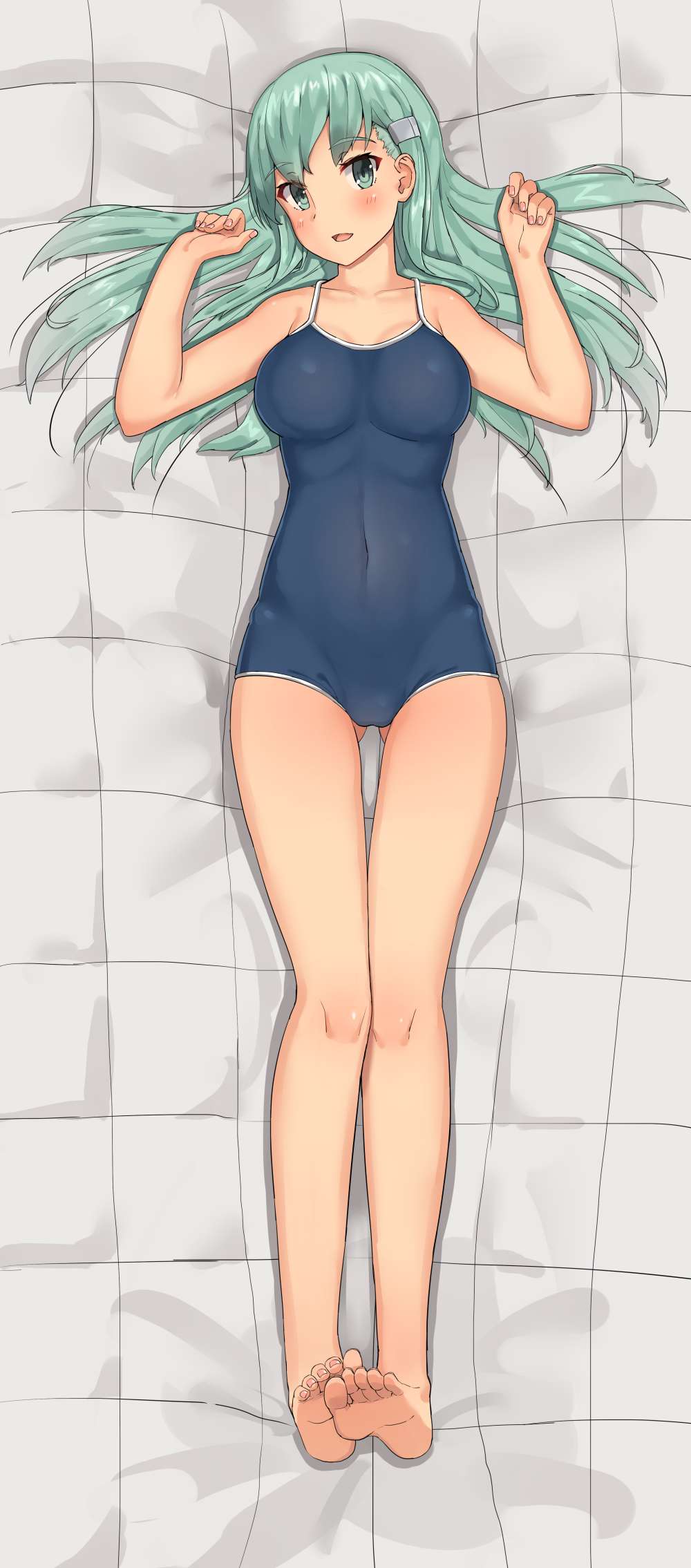 1girl :d aqua_eyes aqua_hair bangs bare_arms bare_legs bare_shoulders barefoot bed_sheet blue_swimsuit blush breasts closed_eyes collarbone competition_swimsuit covered_navel dakimakura eyebrows_visible_through_hair feet feet_together from_above full_body gluteal_fold hair_ornament hairclip head_tilt highres kantai_collection long_hair looking_at_viewer medium_breasts nail_polish one-piece_swimsuit open_mouth pink_nails smile soil_chopsticks soles solo suzuya_(kantai_collection) swimsuit toenail_polish toes w_arms