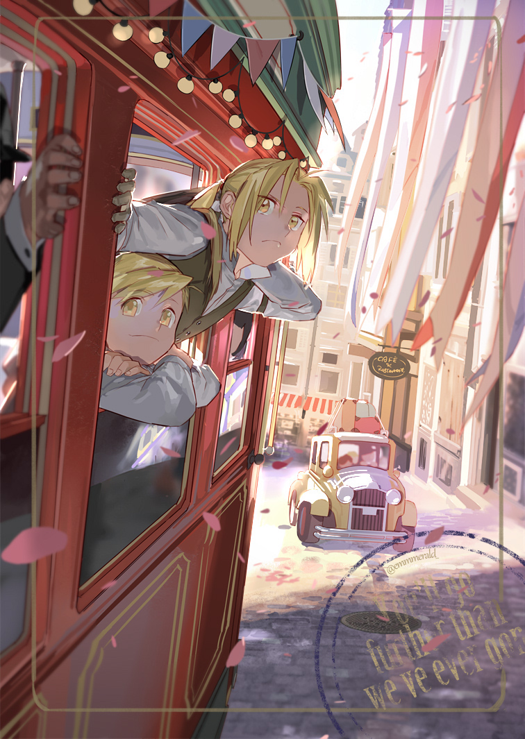 2boys alphonse_elric bangs blonde_hair car city closed_mouth collared_shirt commentary day edward_elric fullmetal_alchemist ground_vehicle hair_between_eyes holy_pumpkin long_hair long_sleeves looking_at_viewer male_focus motor_vehicle multiple_boys outdoors ponytail postage_stamp road shirt smile street streetcar vest white_shirt yellow_eyes