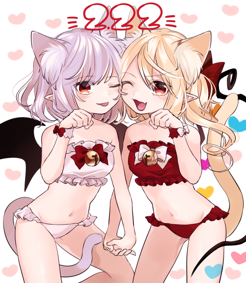 2girls animal_ears bat_wings bell between_legs blonde_hair bow cat_ears cat_tail contrapposto fang flandre_scarlet gotoh510 hair_bow hand_holding interlocked_fingers jingle_bell kemonomimi_mode lavender_hair multiple_girls navel one_eye_closed open_mouth panties paw_pose pink_panties pointy_ears red_bow red_eyes red_panties remilia_scarlet siblings sisters smile stomach tail tail_between_legs touhou underwear underwear_only wings wrist_cuffs