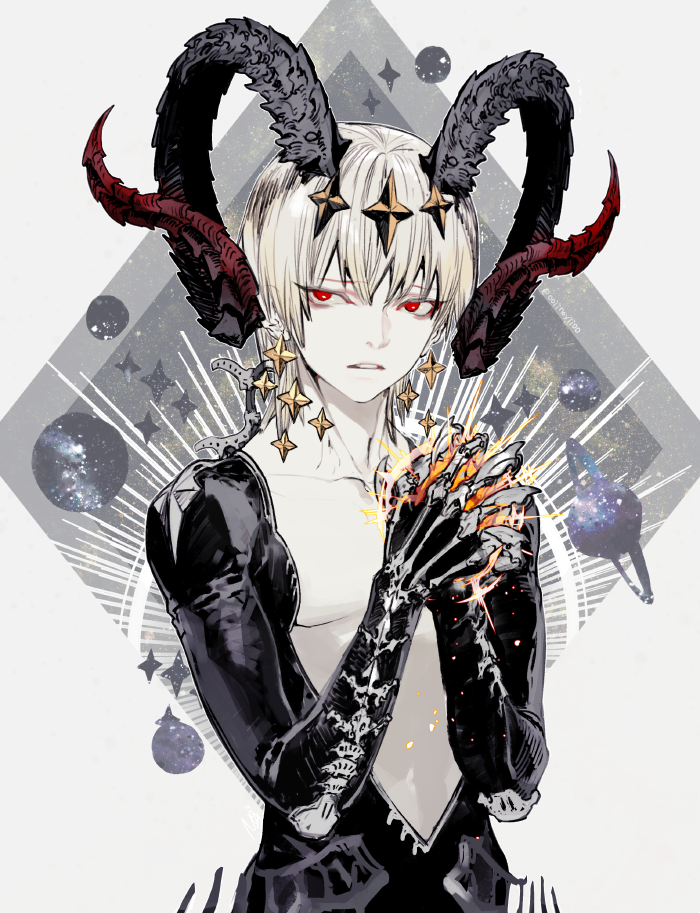 1boy bangs claws diadem earrings eyebrows_visible_through_hair goat_horns grey_background hair_between_eyes hands_together horns interlocked_fingers jewelry looking_at_viewer male_focus monster_boy oollnoxlloo original parted_lips planet red_eyes solo star upper_body white_hair