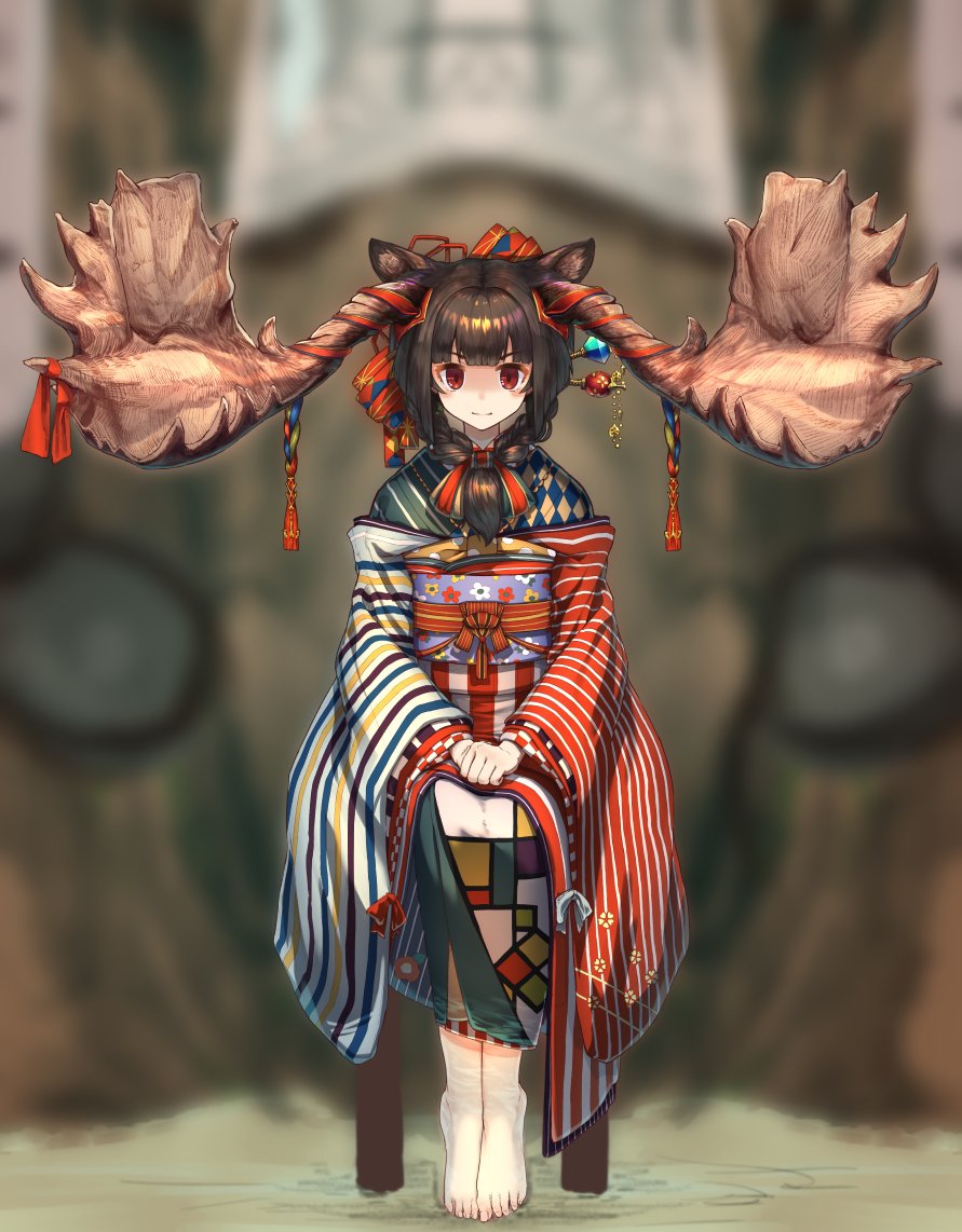 1girl ai_ken antlers bangs barefoot black_hair blunt_bangs blurry blurry_background chair closed_mouth front_ponytail full_body hair_ornament hair_stick japanese_clothes kimono long_hair long_sleeves looking_at_viewer moose_ears obi original outdoors red_eyes sash sitting smile solo wide_sleeves