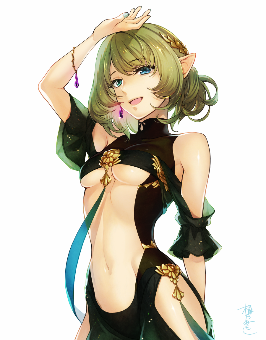 1girl :d arm_up bare_shoulders black_dress blue_eyes breasts commentary_request detached_sleeves dress earrings elf eyebrows_visible_through_hair green_eyes green_hair green_nails hair_ornament heterochromia idolmaster idolmaster_cinderella_girls jewelry looking_at_viewer medium_breasts mole mole_under_eye nail_polish navel okeno_kamoku open_mouth pointy_ears short_hair simple_background smile solo stomach takagaki_kaede under_boob white_background