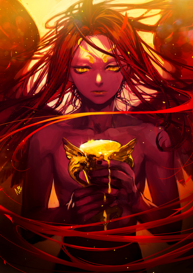 1boy black_nails chalice feathered_wings holding long_hair looking_down nail_polish nude oollnoxlloo orange_sclera parted_lips red_skin redhead solo standing upper_body very_long_hair wings yellow_eyes