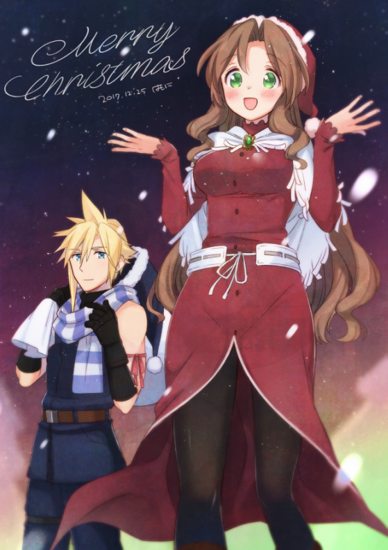 1boy 1girl adjusting_scarf aerith_gainsborough arm_ribbon artist_name bag belt black_gloves black_headwear black_pantyhose blonde_hair blue_eyes blue_pants blue_scarf blue_shirt blurry blurry_foreground breasts brown_belt brown_hair capelet christmas closed_mouth cloud_strife cowboy_shot dated dress feet_out_of_frame final_fantasy final_fantasy_vii final_fantasy_vii_advent_children fur-trimmed_headwear fur_trim gloves green_eyes hair_between_eyes hat holding holding_bag krudears light_smile long_hair long_sleeves looking_at_another medium_breasts merry_christmas open_mouth pants pantyhose parted_bangs pink_ribbon red_dress red_headwear ribbon santa_hat scarf shirt short_hair sidelocks sleeveless sleeveless_turtleneck smile snow spiky_hair striped striped_scarf turtleneck w_arms wavy_hair white_belt white_capelet winter