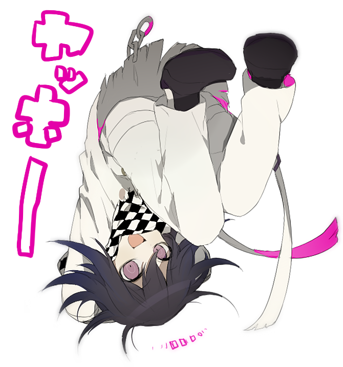 1boy backflip checkered_scarf dangan_ronpa eyebrows_visible_through_hair new_dangan_ronpa_v3 open_mouth ouma_kokichi purple_hair scarf simple_background smile solo straitjacket suke_(mo8460) translation_request violet_eyes white_background