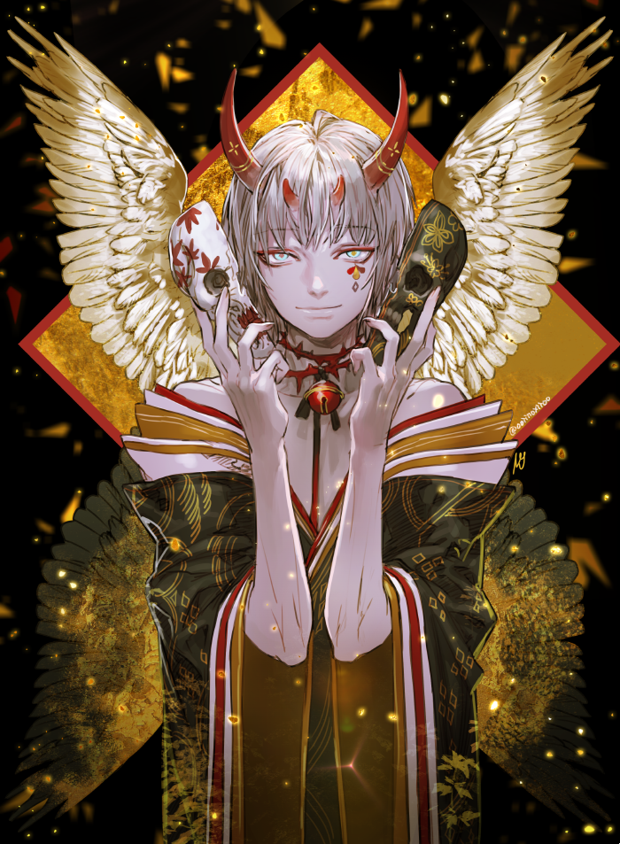 1boy angel_wings bangs bare_shoulders bell black_wings closed_mouth facial_mark feathered_wings fingernails green_eyes hands_up holding holding_mask horns japanese_clothes jingle_bell kimono long_sleeves looking_at_viewer mask mask_removed multiple_horns multiple_wings off_shoulder oni_horns oollnoxlloo original pale_skin red_pupils sharp_fingernails smile solo standing white_hair wings