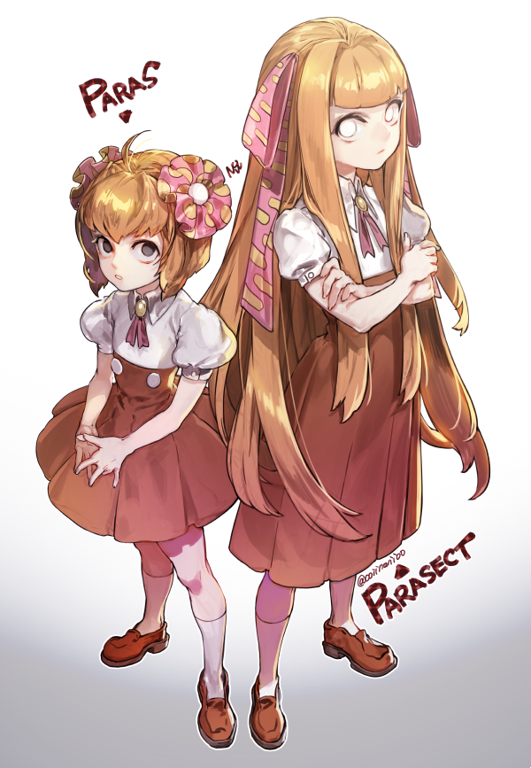 2girls bangs blonde_hair blunt_bangs character_name collared_shirt crossed_arms directional_arrow hair_ornament hair_ribbon high-waist_skirt legs_apart long_hair looking_at_viewer multiple_girls oollnoxlloo paras parasect personification pink_ribbon pleated_skirt pokemon puffy_short_sleeves puffy_sleeves red_footwear red_skirt ribbon shirt shoes short_hair short_sleeves signature skirt socks standing twitter_username very_long_hair white_background white_legwear white_shirt