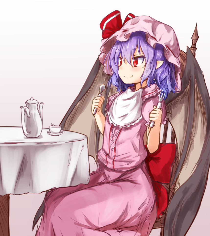 1girl baram bat_wings bib blue_hair chair closed_mouth commentary_request cup fork glint gradient gradient_background hat hat_ribbon holding mob_cap pink_hat pink_skirt pointy_ears red_eyes red_ribbon remilia_scarlet ribbon sitting sketch skirt skirt_set smile solo spoon table teacup teapot touhou white_background wings