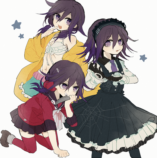 bikini bikini_top black_gloves crossdressinging dangan_ronpa dress finger_to_mouth frilled_bikini frilled_skirt frills gloves index_finger_raised jacket knife low_twintails maid_headdress necktie new_dangan_ronpa_v3 open_mouth ouma_kokichi pantyhose pinafore_dress purple_hair school_uniform scrunchie serafuku skirt smile star suke_(mo8460) swimsuit tongue tongue_out twintails violet_eyes white_background yellow_jacket yonaga_angie