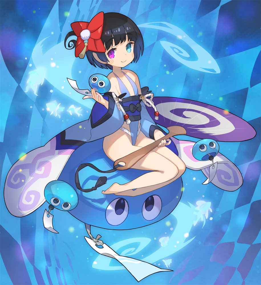 1girl bangs bare_legs bare_shoulders barefoot black_bow black_hair blue_background blue_eyes bow checkered closed_mouth collarbone commentary_request detached_sleeves eyebrows_visible_through_hair fan fish fundoshi hair_ornament heterochromia holding holding_fan japanese_clothes kimono long_sleeves looking_at_viewer minigirl obi original oversized_object paper_fan pinwheel saitou_naoki sash short_hair smile solo swirls violet_eyes wide_sleeves wind_chime