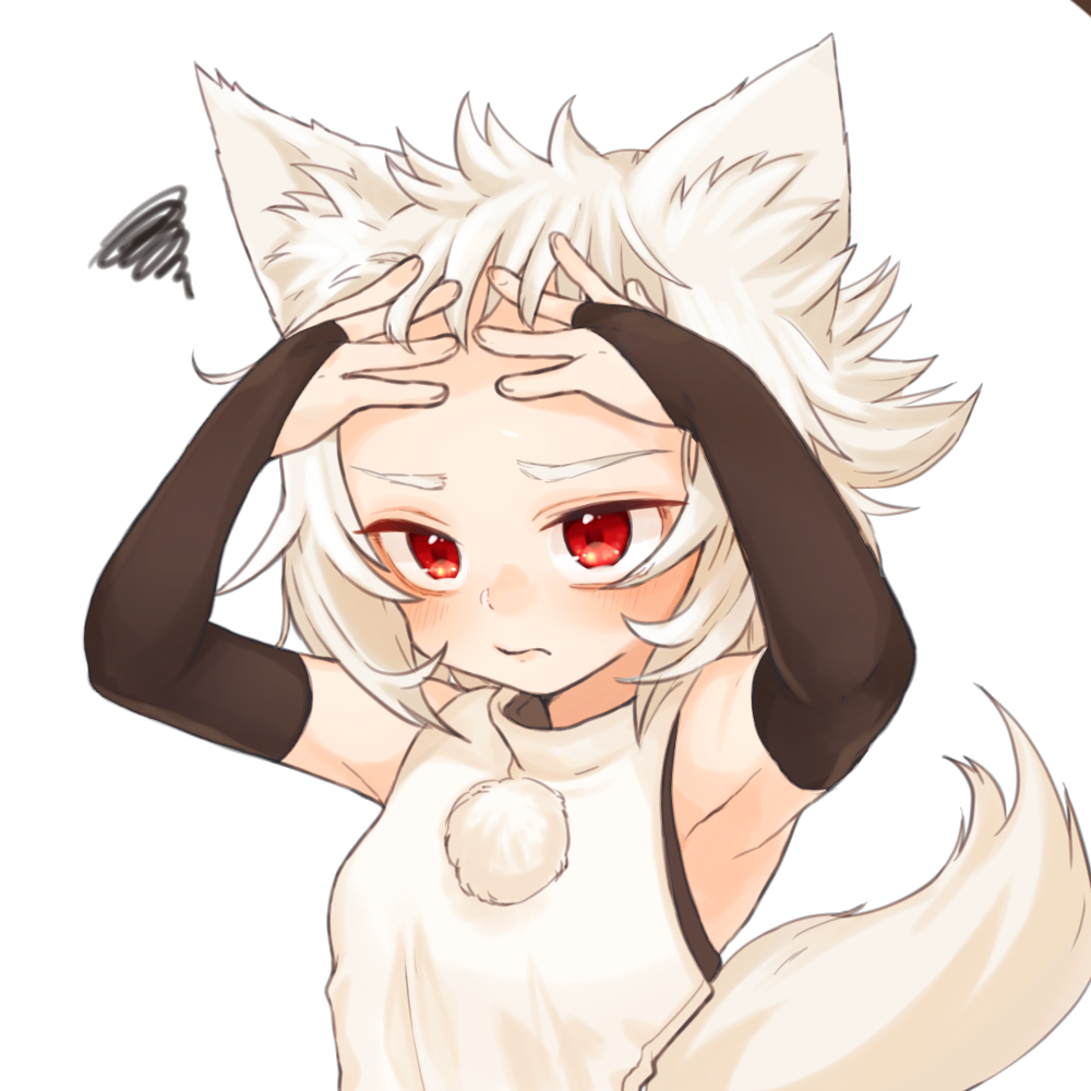 1girl animal_ears armpits bare_shoulders black_gloves blush bridal_gauntlets closed_mouth elbow_gloves fingerless_gloves forehead frown gloves gotoh510 hands_on_own_head inubashiri_momiji messy_hair no_hat no_headwear pom_pom_(clothes) red_eyes simple_background sleeveless solo squiggle sweater_vest tail touhou upper_body white_background white_hair wolf_ears wolf_tail