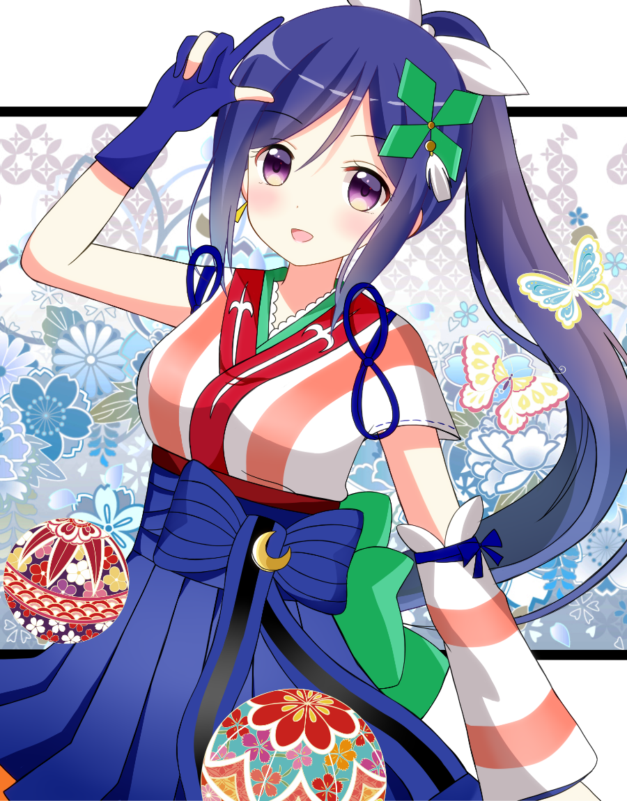 1girl :d blue_hair blush butterfly crescent detached_sleeves gloves hair_ornament japanese_clothes kimono long_hair looking_at_viewer love_live! love_live!_sunshine!! matsuura_kanan mijuku_dreamer open_mouth partly_fingerless_gloves ponytail ryoutan smile solo violet_eyes