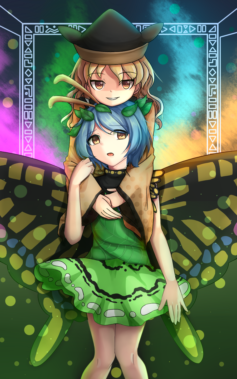 2girls antennae arm_at_side arm_holding behind_another blonde_hair blue_hair butterfly_wings cowboy_shot dress eternity_larva eyebrows_visible_through_hair gradient gradient_background green_skirt hands_on_another's_chest hands_together hat head_on_head head_tilt highres hug hug_from_behind knees_together layered_dress leaf long_hair long_sleeves looking_at_viewer matara_okina multiple_girls open_mouth orange_eyes parted_lips short_hair skirt smile standing touhou wings yu_cha