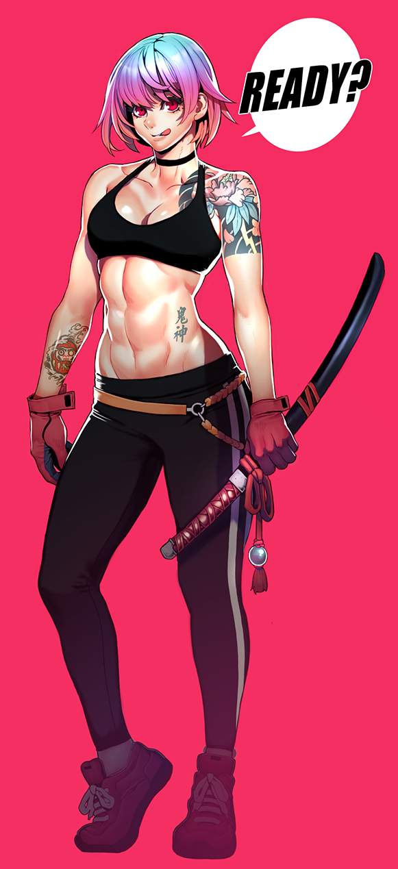 1girl abs breasts choker cleavage full_body gloves highres katana midriff multicolored_hair original pants psychicjin red_eyes shoes short_hair sneakers solo sports_bra sword tattoo tongue tongue_out weapon