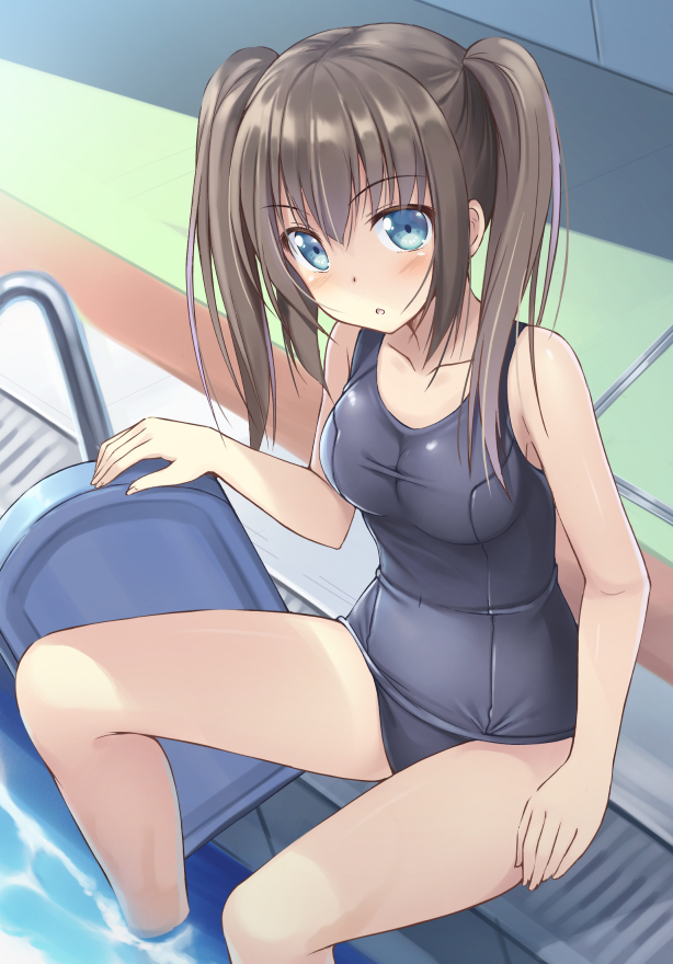 1girl :o alternate_costume arm_at_side bangs bare_arms bare_shoulders blue_swimsuit blush breasts brown_hair collarbone eyebrows_visible_through_hair kageira long_hair looking_at_viewer medium_breasts minori_(senran_kagura) one-piece_swimsuit open_mouth pool pool_ladder poolside school_swimsuit senran_kagura senran_kagura_(series) sitting soaking_feet solo swimsuit tareme thighs twintails water