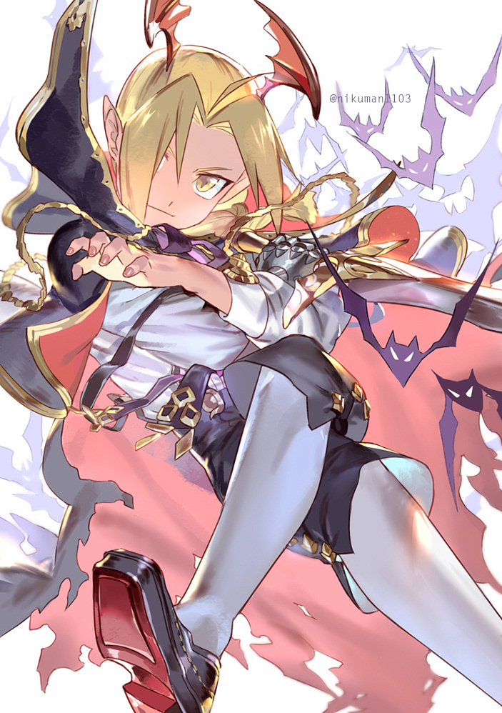 1boy ahoge bat cape closed_mouth cosplay crossed_arms edward_elric fullmetal_alchemist granblue_fantasy head_wings holy_pumpkin long_hair long_sleeves looking_at_viewer male_focus mechanical_arm nail_polish pantyhose pink_nails ponytail shirt shoes smile solo veight veight_(cosplay) white_background white_legwear white_shirt yellow_eyes