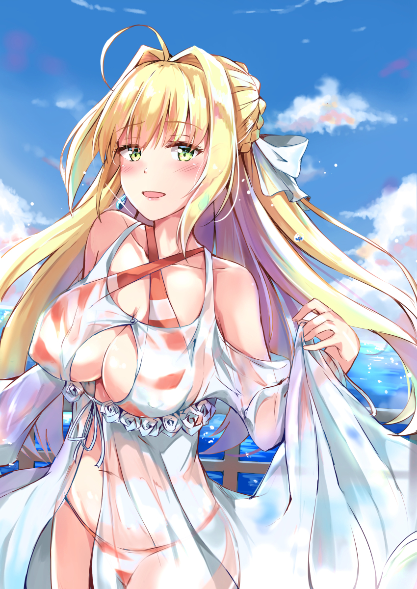 1girl ahoge bikini blonde_hair blue_sky blush breasts clouds day earrings eyebrows_visible_through_hair fate/grand_order fate_(series) green_eyes hair_ribbon highres jewelry konka long_hair looking_at_viewer medium_breasts navel nero_claudius_(swimsuit_caster)_(fate) ocean open_mouth ribbon saber_extra sky solo striped striped_bikini swimsuit white_ribbon