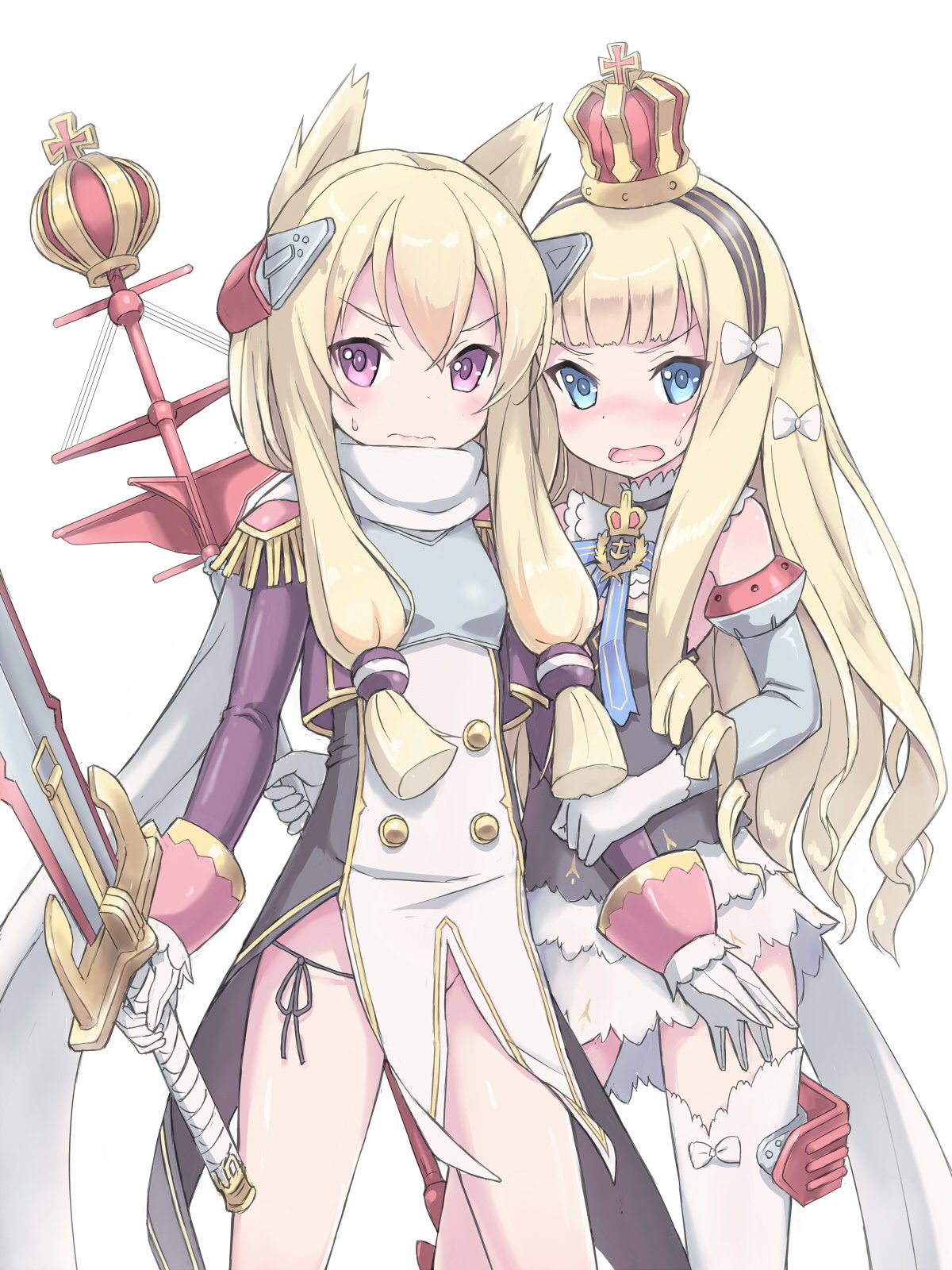 2girls azur_lane black_panties blonde_hair blue_eyes bow character_request commentary_request crown detached_sleeves eyebrows_visible_through_hair gloves hair_bow hairband highres holding holding_weapon kimagure_blue long_hair long_sleeves looking_at_viewer multiple_girls panties queen_elizabeth_(azur_lane) simple_background sweatdrop thigh-highs underwear violet_eyes weapon white_background white_gloves white_legwear