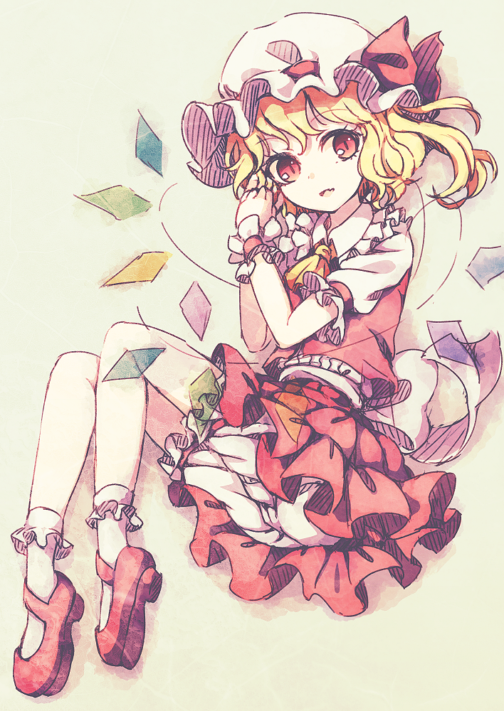 bloomers dise flandre_scarlet hands_in_hair looking_at_viewer lying on_side simple_background touhou underwear