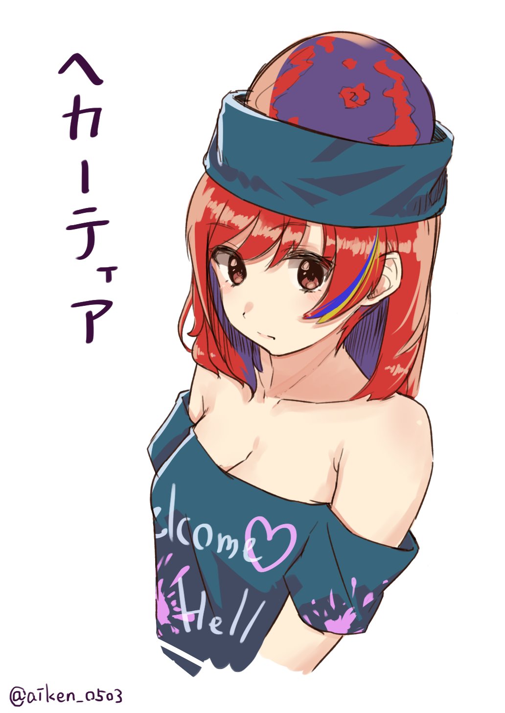 1girl ai_ken bare_shoulders black_shirt character_name closed_mouth clothes_writing collarbone hecatia_lapislazuli highres looking_at_viewer off-shoulder_shirt polos_crown red_eyes redhead shirt simple_background solo t-shirt touhou twitter_username upper_body white_background