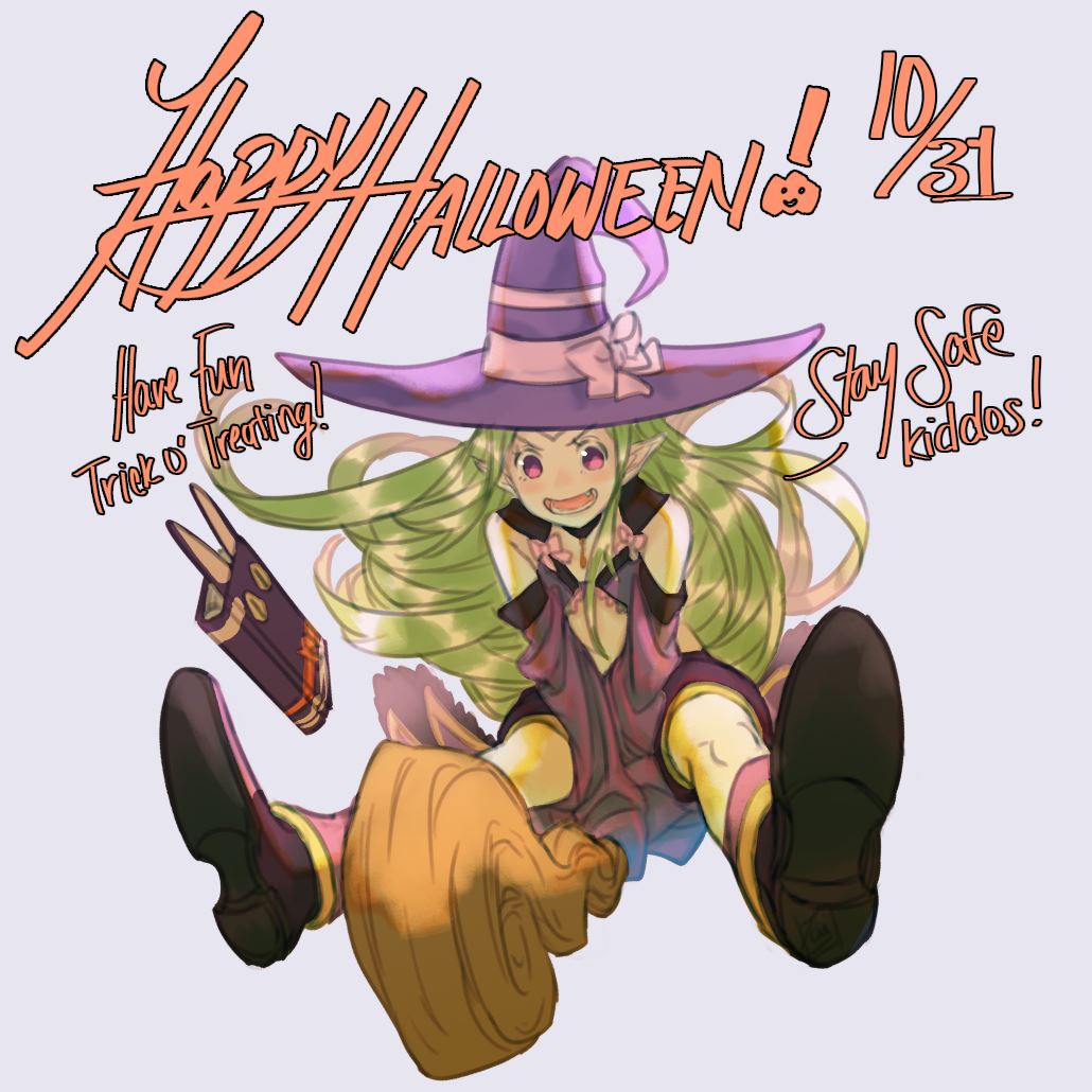 1girl ahoge blush boots broom cape circlet english fire_emblem fire_emblem:_kakusei fire_emblem_heroes gloves green_hair halloween hat krazehkai long_hair looking_at_viewer mamkute nowi_(fire_emblem) open_mouth pointy_ears smile solo violet_eyes white_background witch witch_hat