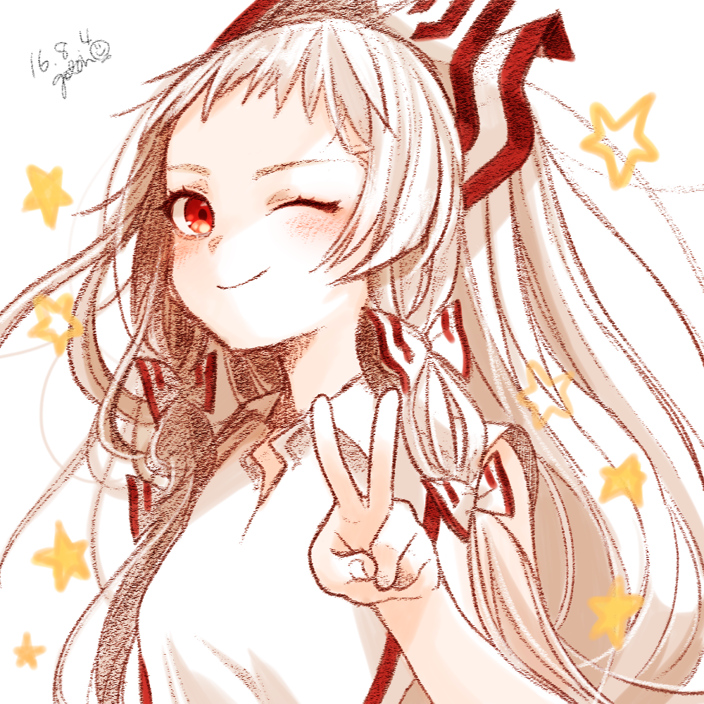1girl artist_name bow closed_mouth dated fujiwara_no_mokou gotoh510 hair_bow long_hair looking_at_viewer one_eye_closed red_eyes shirt signature simple_background smile solo star touhou upper_body v very_long_hair white_background white_hair white_shirt