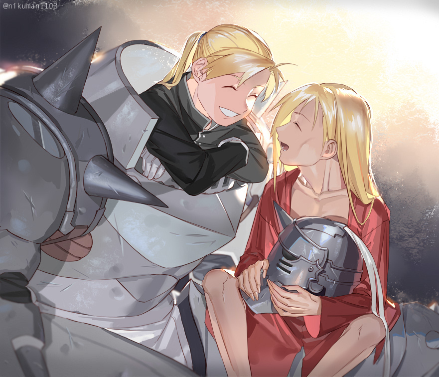 2boys :d alphonse_elric armor black_jacket blonde_hair closed_eyes dual_persona facing_another fullmetal_alchemist gloves headwear_removed helmet helmet_removed holy_pumpkin jacket long_hair long_sleeves male_focus multiple_boys older open_mouth ponytail revision skinny smile twitter_username white_gloves