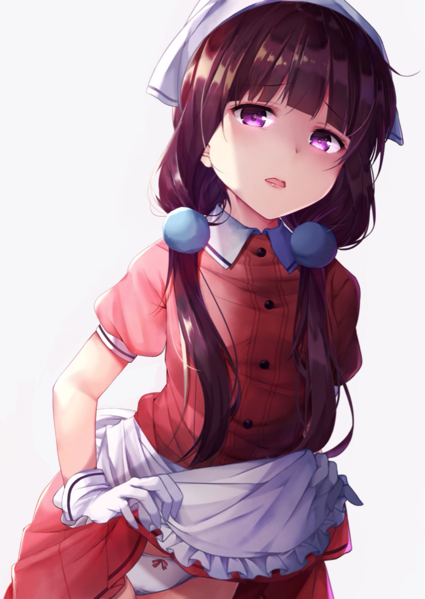 1girl apron bangs blend_s bow bow_panties brown_hair buttons commentary_request eyebrows_visible_through_hair flat_chest frilled_apron frills gloves hair_ornament hair_over_shoulder head_scarf head_tilt highres leaning_forward lifted_by_self lips long_hair looking_at_viewer open_mouth panties puffy_short_sleeves puffy_sleeves rouka_(akatyann) sakuranomiya_maika short_sleeves simple_background skirt skirt_lift solo twintails underwear violet_eyes waitress white_apron white_background white_gloves white_panties