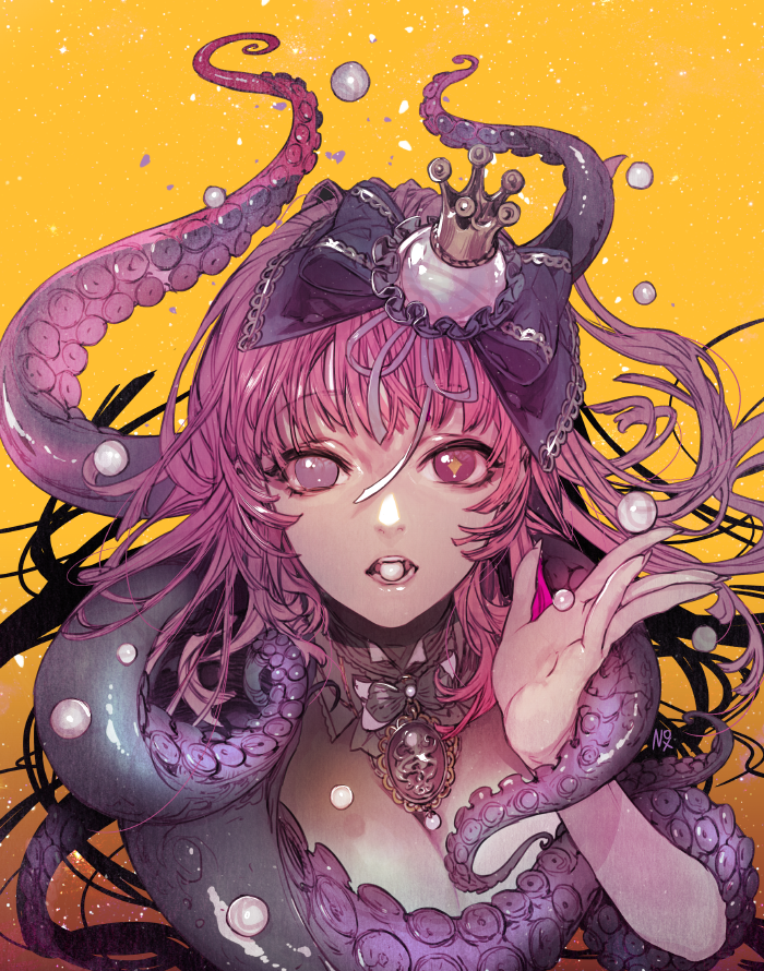 1girl bangs crown detached_collar eyebrows_visible_through_hair hair_ornament heterochromia jewelry locket looking_at_viewer mini_crown mouth_hold oollnoxlloo orange_background parted_lips pearl pendant pink_eyes pink_hair signature solo suction_cups tentacle violet_eyes