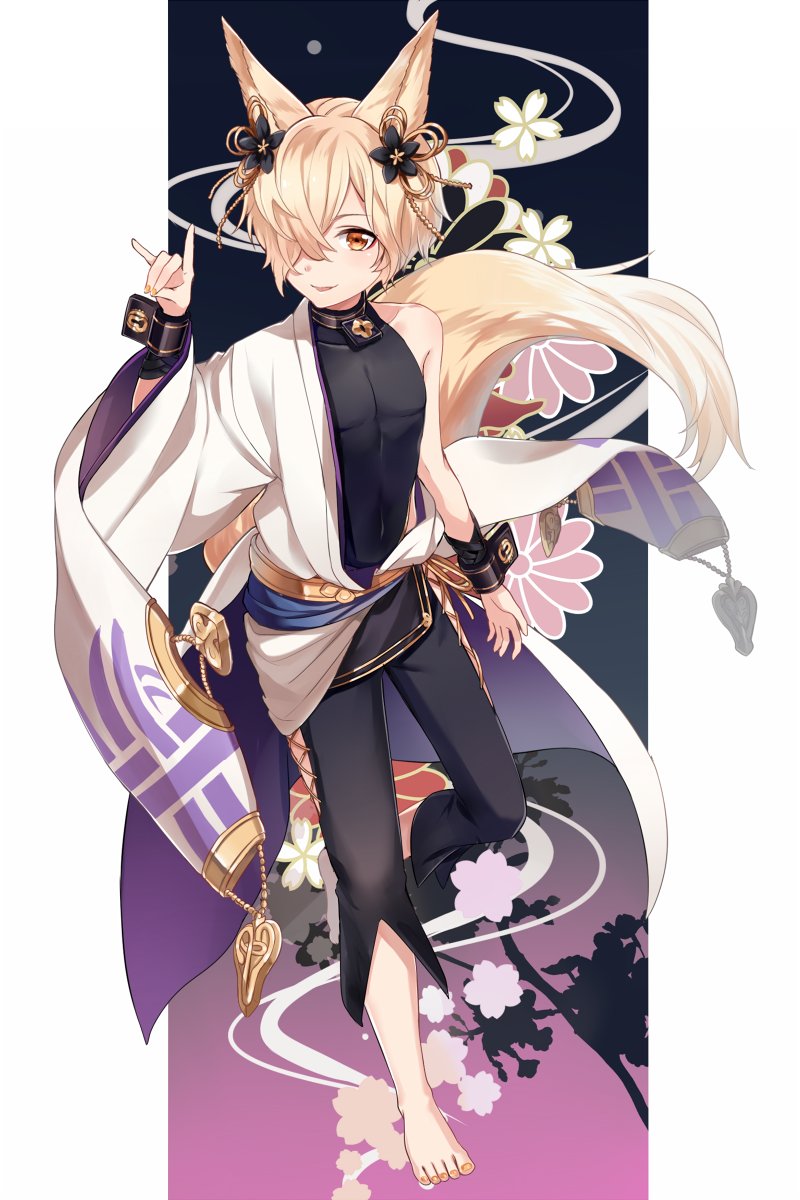 1boy animal_ears backless_outfit barefoot brown_eyes collar elbow_gloves erun_(granblue_fantasy) fox_ears fox_tail gloves granblue_fantasy hair_ornament hair_over_one_eye highres kou_(granblue_fantasy) long_hair male_focus nail_polish navel off_shoulder open_mouth smile tail