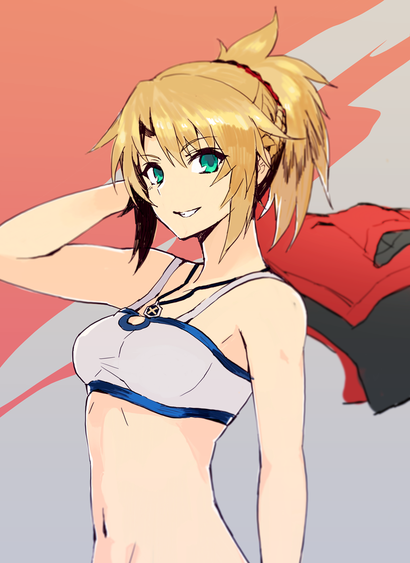 1girl blonde_hair bra breasts collarbone eyebrows_visible_through_hair fate/apocrypha fate_(series) green_eyes grey_bra grin hair_between_eyes hair_ornament hair_scrunchie high_ponytail holding_jacket jacket jacket_removed jewelry long_hair looking_at_viewer medium_breasts midriff navel necklace open_clothes open_jacket saber_of_red sasakure_sasaru scrunchie sidelocks smile solo standing stomach underwear upper_body