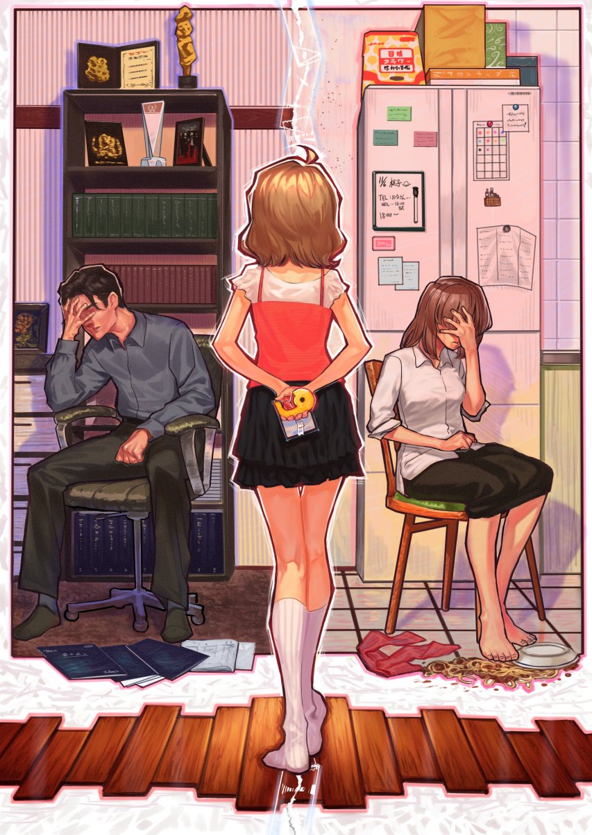 1boy 2girls bookshelf brown_hair bukimi_isan camisole chair commentary_request covering_face family father_and_daughter highres idolmaster idolmaster_million_live! kneehighs mother_and_daughter multiple_girls no_shoes office_chair photo_(object) refrigerator short_hair sitting skirt socks suou_momoko tape trophy