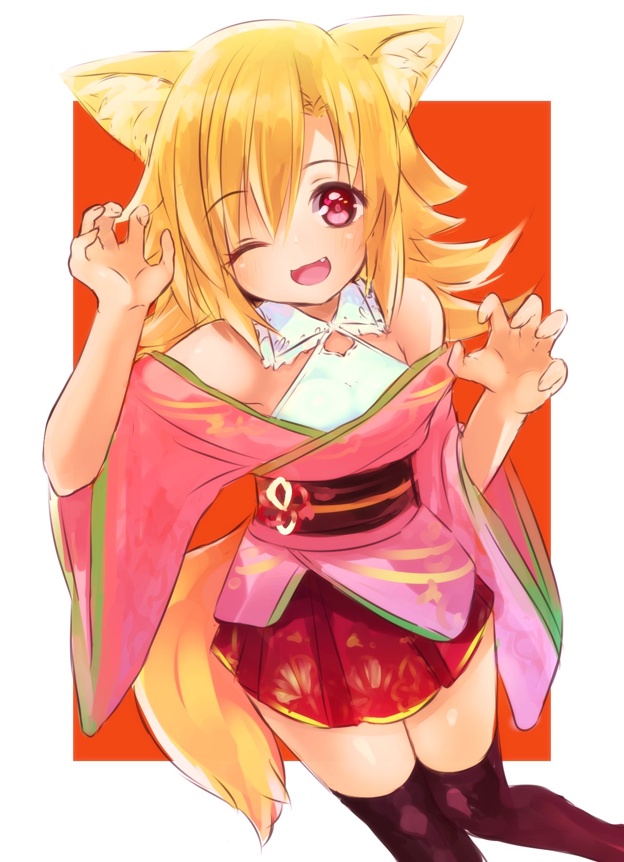 1girl animal_ears bare_shoulders blonde_hair blush claw_pose fang fox_ears fox_tail highres hutaba_akane japanese_clothes long_hair looking_at_viewer naomi_(sekai_no_hate_no_kissaten) obi one_eye_closed open_mouth original red_eyes sash skirt smile solo tail thigh-highs wide_sleeves