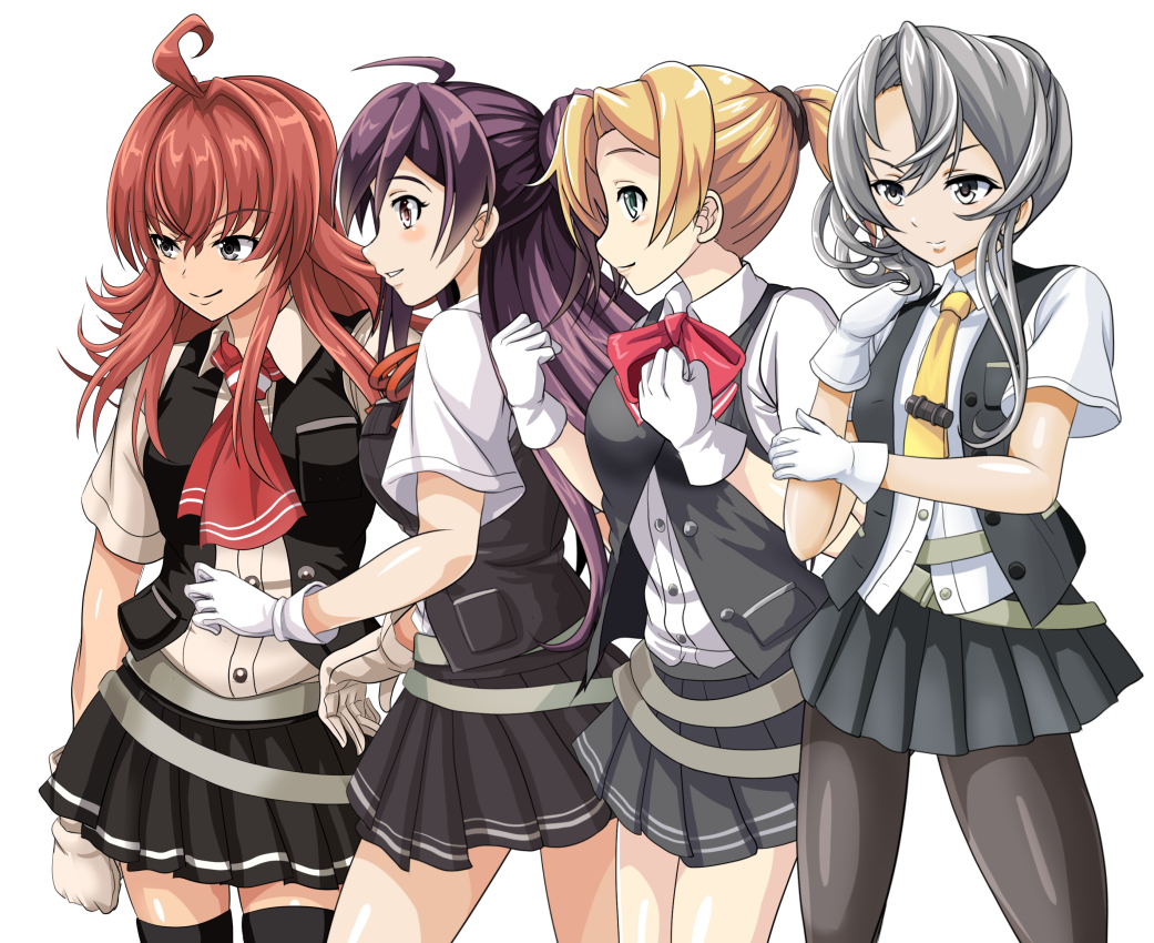 4girls ahoge arashi_(kantai_collection) ascot asymmetrical_hair black_legwear blonde_hair commentary_request gloves grey_eyes ground_vehicle hagikaze_(kantai_collection) kantai_collection long_hair looking_away maikaze_(kantai_collection) motor_vehicle multiple_girls nowaki_(kantai_collection) pantyhose parted_lips pleated_skirt ponytail purple_hair redhead school_uniform scooter silver_hair simple_background skirt smile thigh-highs tk8d32 vespa white_background white_gloves zettai_ryouiki