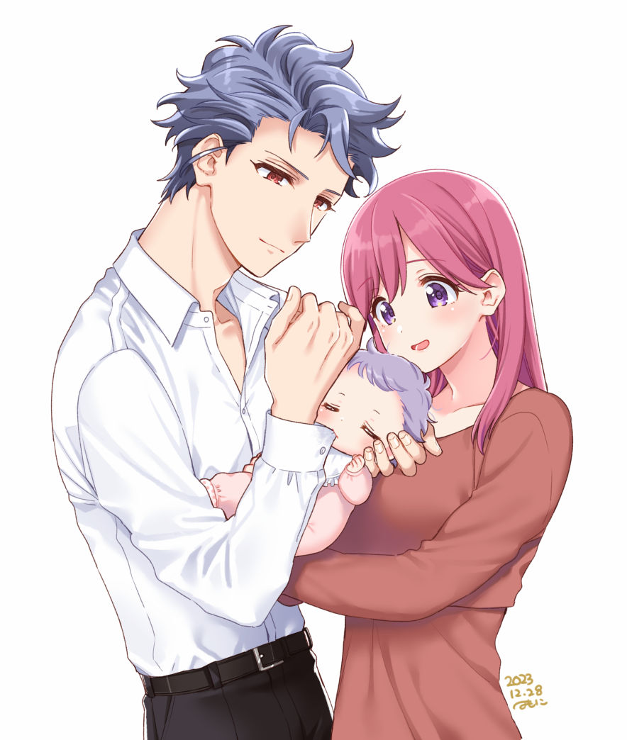 1boy 1girl 1other artist_name baby belt belt_buckle black_belt black_pants blush breasts brown_dress buckle closed_eyes closed_mouth collared_shirt dated dress grey_hair holding_baby if_they_mated krudears long_hair long_sleeves medium_breasts open_mouth pants parent_and_child pink_hair protagonist_(tokimemo_gs3) red_eyes shirt shitara_seiji short_hair smile tokimeki_memorial tokimeki_memorial_girl's_side_3rd_story violet_eyes white_background white_shirt