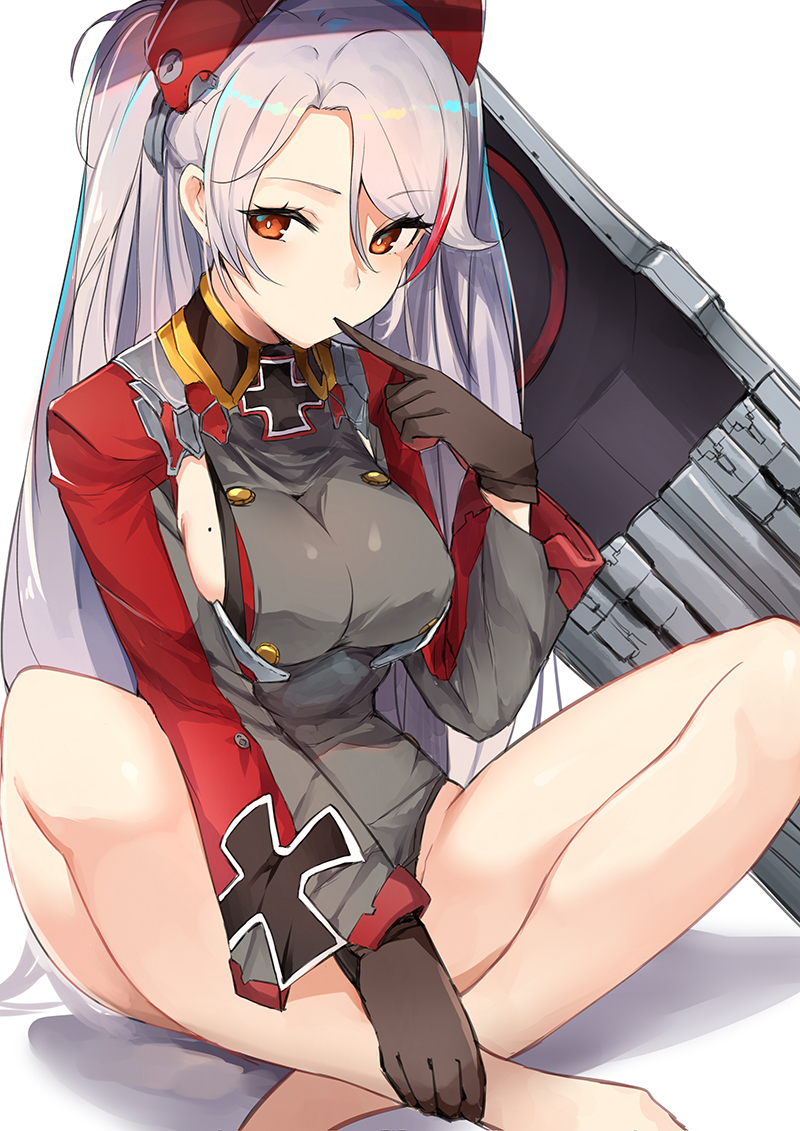 1girl azur_lane bare_legs barefoot black_gloves black_panties blush breasts bright_pupils crossed_ankles double-breasted finger_to_mouth gloves hand_on_own_foot headgear iron_cross large_breasts long_hair long_sleeves luse_maonang machinery medium_breasts military military_uniform multicolored_hair no_bra no_pants panties prinz_eugen_(azur_lane) red_eyes shiny shiny_hair sideboob silver_hair simple_background sitting solo streaked_hair underwear uniform very_long_hair white_background