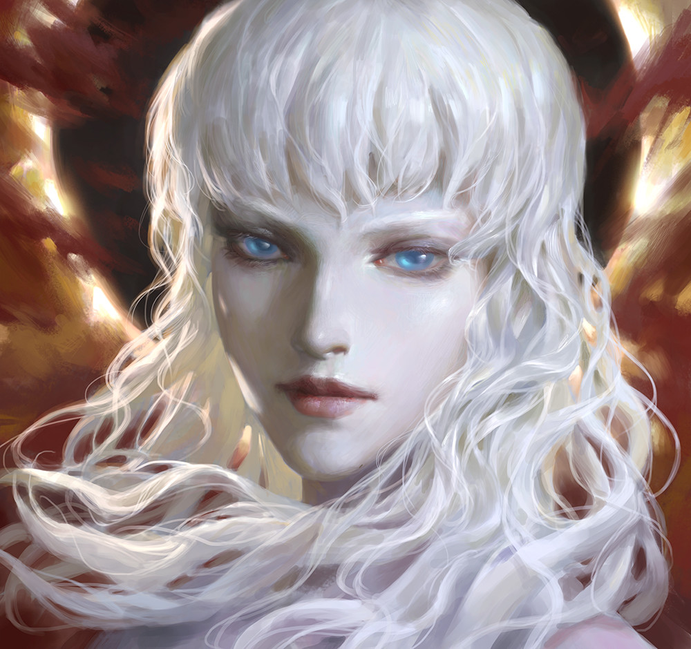 1boy bangs berserk blue_eyes buchuo_liu closed_mouth eclipse griffith long_hair looking_at_viewer male_focus pale_skin red_lips smile solo white_hair