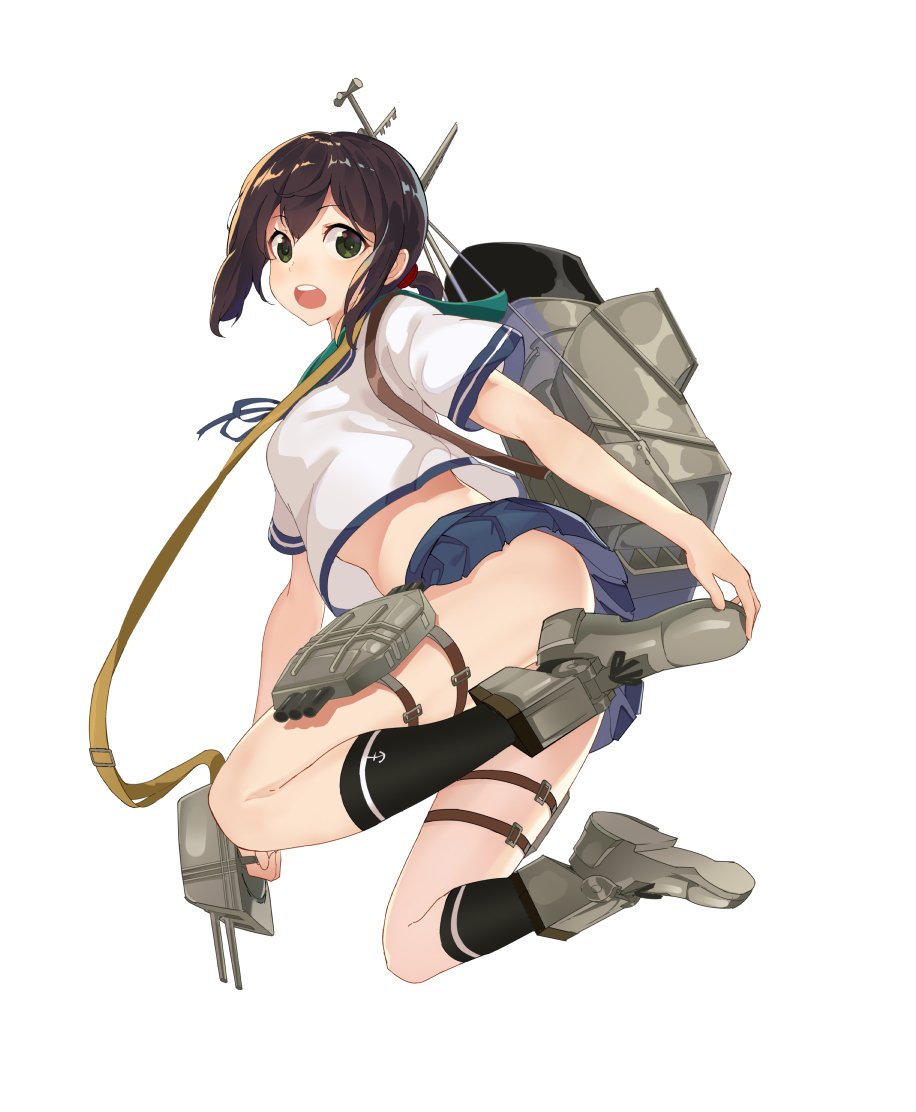 1girl :o anchor_symbol ankle_boots black_legwear blue_skirt blush boots brown_hair convenient_censoring convenient_leg from_behind fubuki_(kantai_collection) full_body green_eyes grey_footwear holding holding_weapon kantai_collection kneehighs long_hair looking_at_viewer looking_back low_ponytail machinery midair miniskirt open_mouth oweee pleated_skirt round_teeth school_uniform serafuku shiny shiny_hair shirt short_sleeves simple_background skirt solo tareme teeth thigh_strap weapon white_background white_shirt