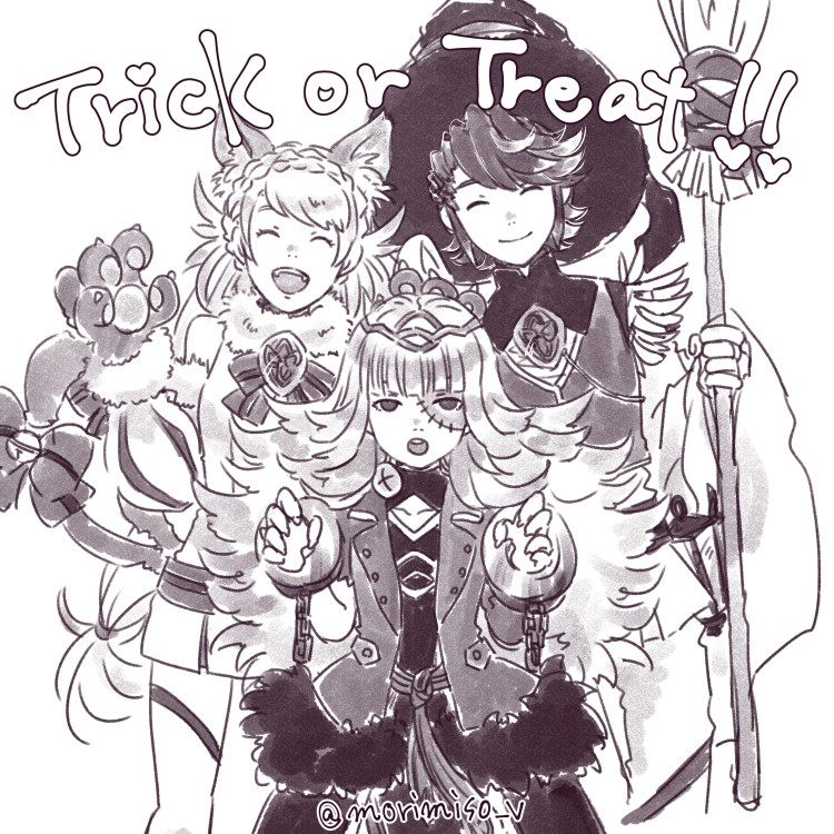 1boy 2girls alfonse_(fire_emblem) animal_ears bell bow broom cat_ears cat_paws cat_tail chains closed_eyes cosplay crown cuffs fire_emblem fire_emblem_heroes frankenstein's_monster frankenstein's_monster_(cosplay) greyscale halloween halloween_costume handcuffs hat insarability long_hair monochrome multiple_girls open_mouth paws sharena short_hair simple_background skirt smile tail tail_bell tail_bow trick_or_treat veronica_(fire_emblem) white_background