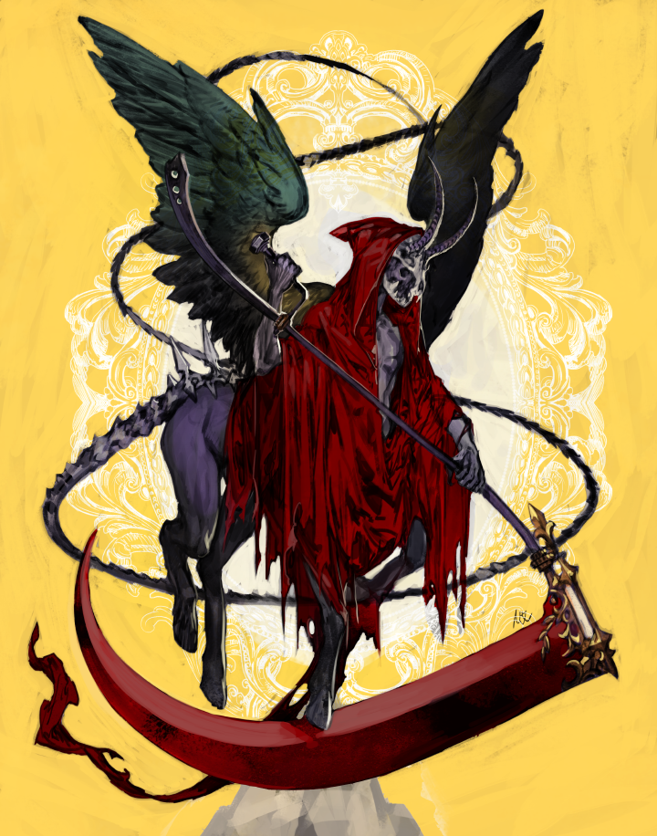 black_wings centaur cloak creepy death_(entity) holding holding_weapon hood hooded_cloak horns no_humans oollnoxlloo original scythe signature skull solo tail torn_cloak weapon wings yellow_background